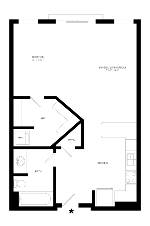 Floor plan for studio, 1 bath, 582 sqft
